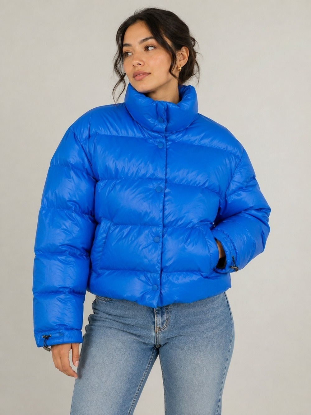 Future Collective x Kahlana Barfield Brown Blue Cropped Puffer Jacket Women's M